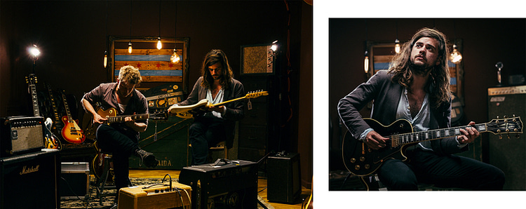 Mumford & Sons Ted Dwane and Winston Marshall portraits shot at Chicago Guitar Exchange