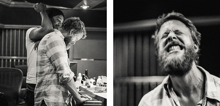 Mumford & Sons Ted Dwane and Ben Lovett photographed in the recording studio during the Wilder Mind sessions